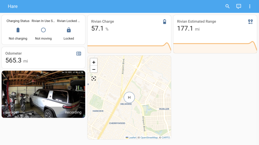 A picture of a Home Assistant dashboard with data about a Rivian