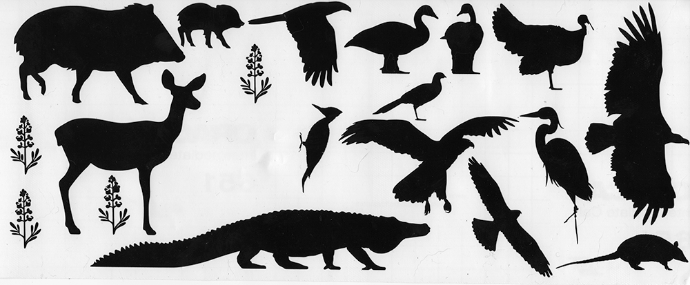 Silhouettes of critters like javelinas, vultures, alligators, and geese, along with some bluebonnets