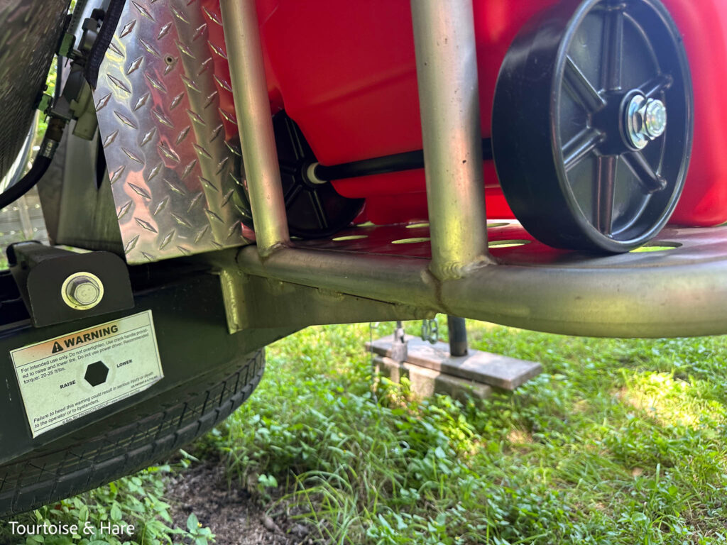 The wheels of the gas tank fit around the aluminum tube at the back of the tongue box platform.
